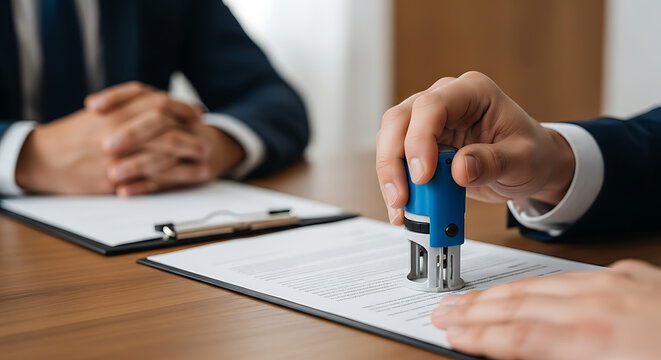 Professional business person stamping official document with blue stamp for approval and agreement