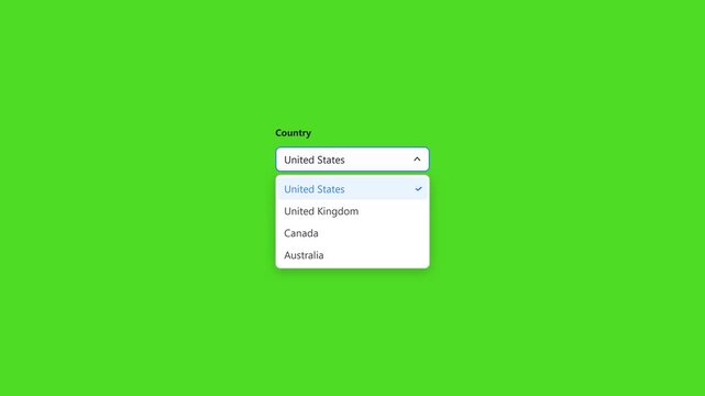 UI dropdown select menu animation, country picker green screen