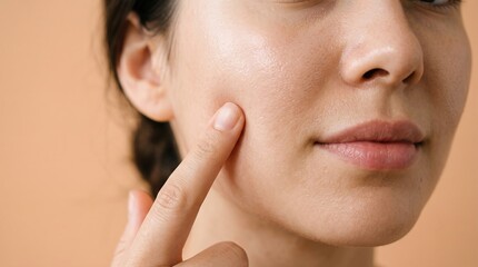 Obraz premium Woman finger pointing to enlarged pores and oily skin texture on cheek