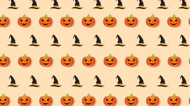 Halloween Pattern with Witch Hats and Jack-o-Lanterns on a Light Background.