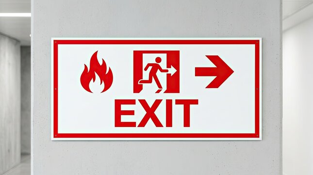 A red and white fire exit sign mounted on a wall for building safety and emergency evacuation procedures