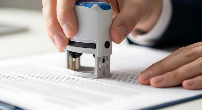 Close-up of a professional hand stamping an official document with a blue and white rubber stamp