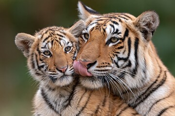 Obraz premium Tiger mother and cute cub bonding portrait in natural wildlife habitat