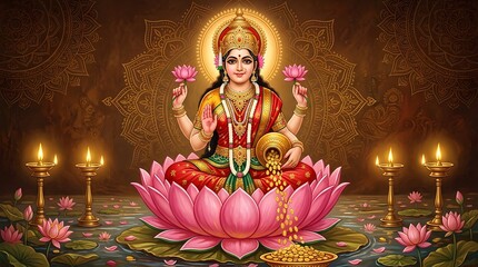 Obraz na płótnie Canvas Goddess lakshmi sitting on a large pink lotus flower with gold coins falling from her hand, surrounded by oil lamps
