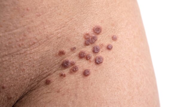 Macro closeup of localized cluster of violaceous lichen planus polygonal papules on skin