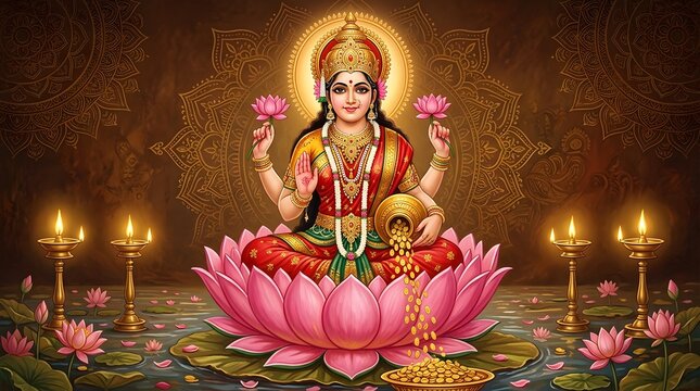 Goddess lakshmi sitting on a large pink lotus flower with gold coins falling from her hand, surrounded by oil lamps