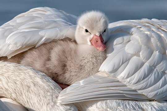 Cute baby swan cygnus nestled safely under mother wing fluffy feathers