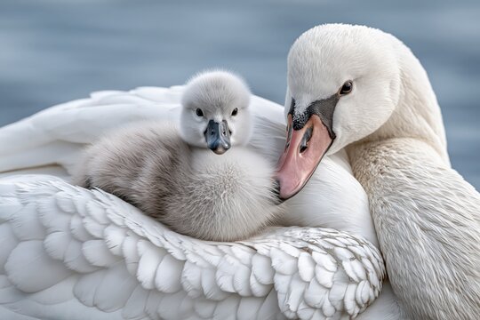 Mother swan and cute fluffy cygnet in tender wildlife embrace mood