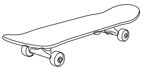 Simple line art illustration of a skateboard deck with wheels © Purnima