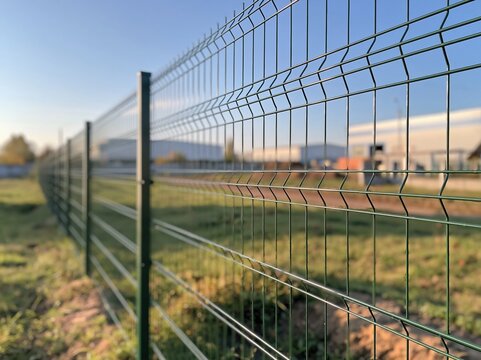 Green Welded Wire Mesh Security Fence with Posts in Outdoor Industrial Area