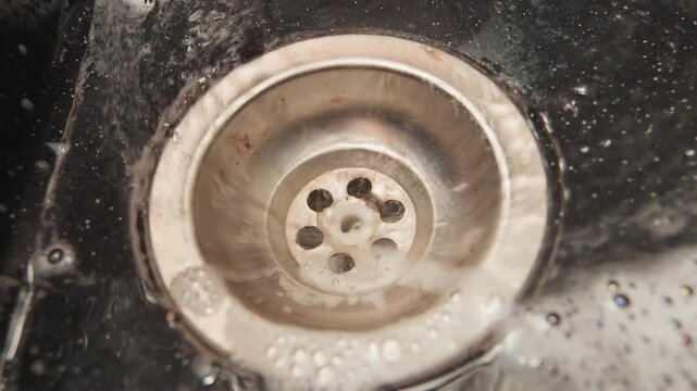 Overhead close-up shows stainless steel sink drain with soapy water, foam and moving bubbles gathering around perforated strainer inside dark basin while drainage and rinsing continue