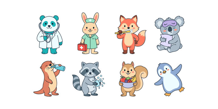 Cute health and wellness animal vector collection featuring panda, rabbit, fox, koala, otter, raccoon, squirrel, and penguin in daily activities