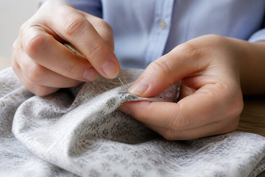Hands are sewing a piece of grey and white fabric while wearing a light blue shirt.