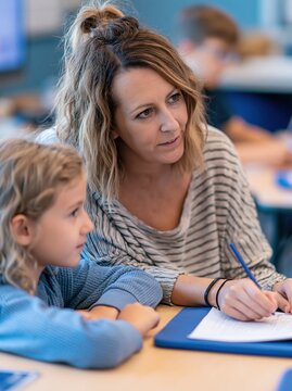 Female teacher assisting young student with writing assignment in classroom setting