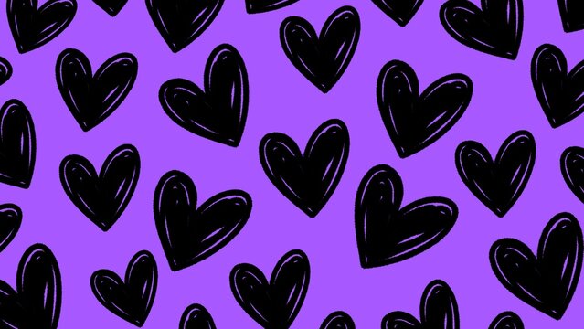 Seamless pattern with hand drawn black hearts on purple background for romantic designs, wrapping paper, Valentine's Day themes, textiles, romantic designs, wrapping paper, Valentine's Day themes.