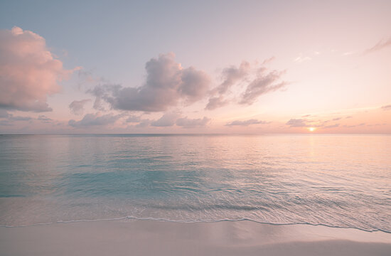 Tranquil pastel sunrise glow calm sea waves sand soft clouds sky tropical horizon dawn. Peaceful summer seascape nature landscape. Meditation inspire wellbeing backdrop sunset coastal background art