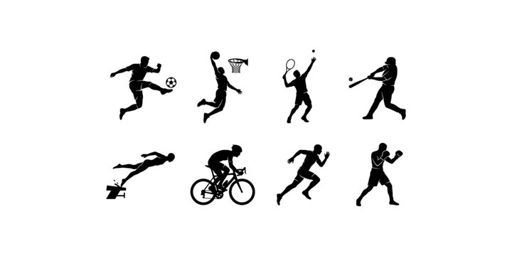 Athletic sports discipline silhouettes set featuring soccer basketball tennis baseball swimming cycling running and boxing vector illustration.
