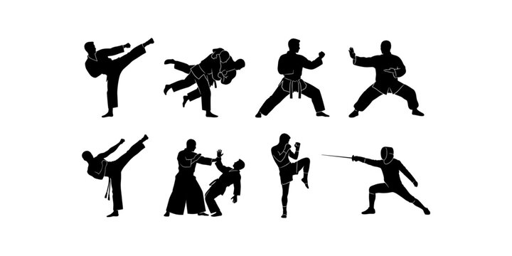 Martial arts disciplines and combat sports silhouettes set featuring taekwondo judo karate kung fu aikido muay thai and fencing vector illustration.