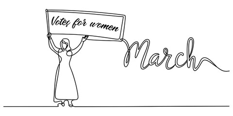 Continuous single line drawing of a woman holding a protest sign with votes for women and the word march written out