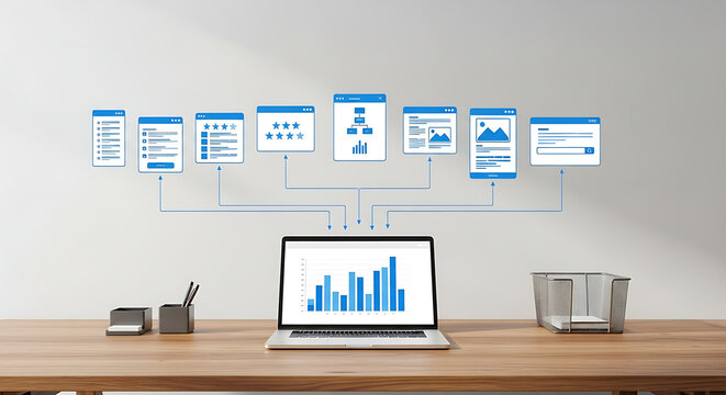 Digital marketing dashboard on laptop screen with website interface elements and flow chart