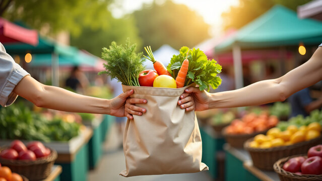 Hands Receiving Organic Produce Bag at Farmers Market