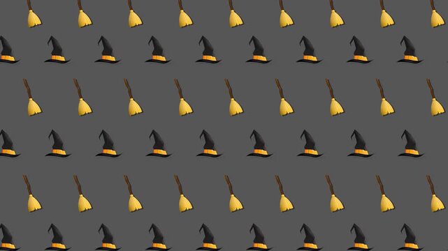 Halloween Witch Hats and Brooms Pattern Loop Animation.