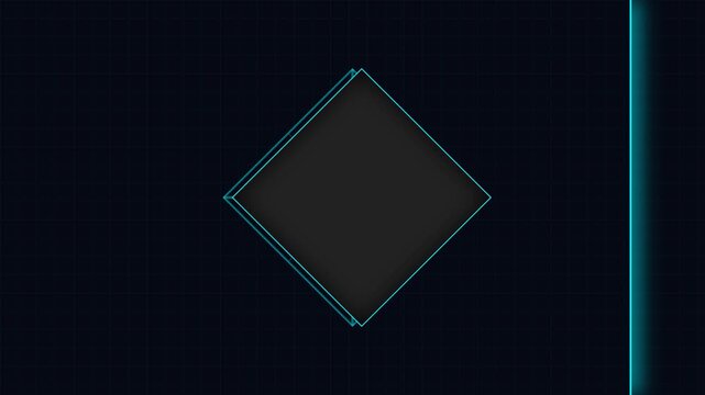 Blue vertical scanning light line moving across a digital 3D wireframe cube model on a black background.