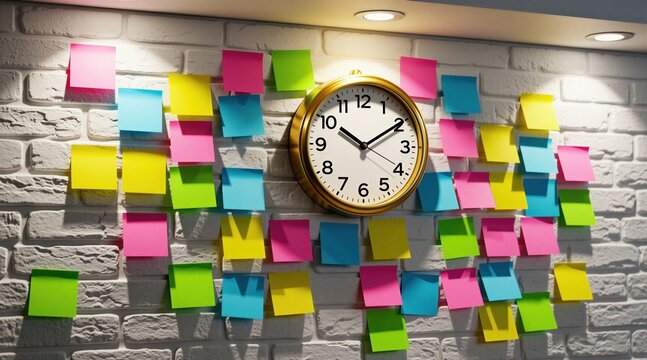 Round analog clock hangs on white brick wall surrounded by many colorful sticky notes. Business office wall displays numerous blank reminder papers for tasks projects appointments planning.