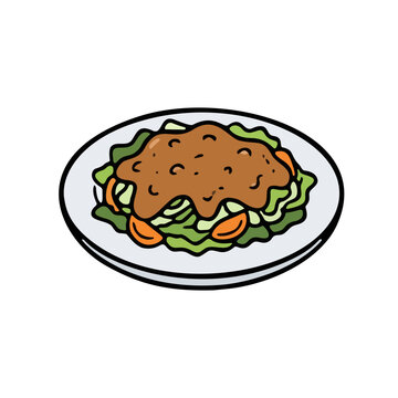 Hand drawn mixed vegetable salad with peanut sauce doodle for vegetarian Asian restaurant menu and healthy lifestyle article