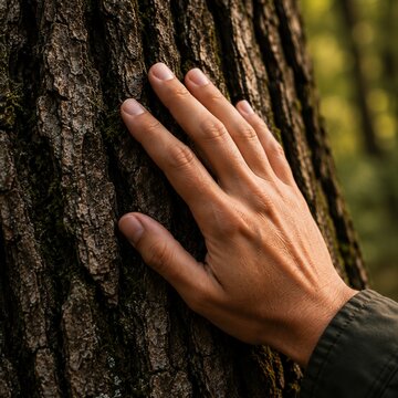 Close-up of a human hand touching rough tree bark in a forest setting
