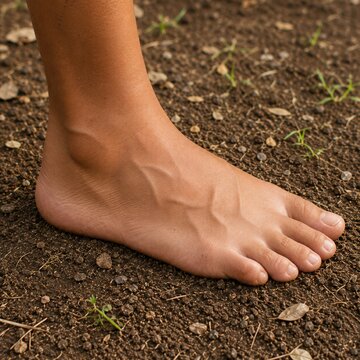 Close-up of a bare human foot standing on dry soil with small green sprouts and scattered leaves
