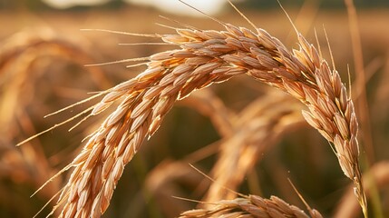 Fototapeta premium Golden Wheat Field at Sunset, Close-up of Ripe Grain Stalk Illuminated by Warm Sunlight