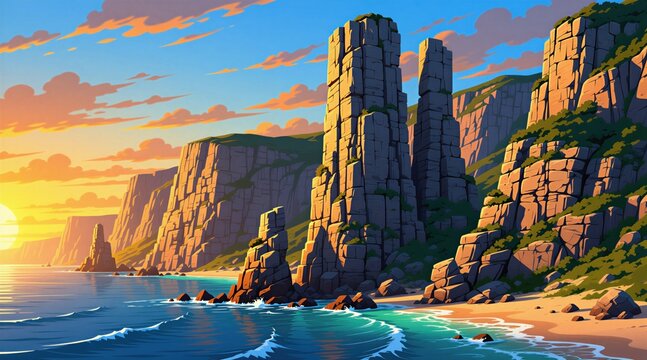 Tall stone pillars stand on a rocky shore at sunset. Waves crash on the sandy beach, cliffs rise steeply behind. Green grass covers mountain slopes under a bright sky.