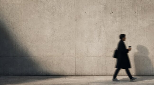 Minimalist concrete wall with person walking and coffee