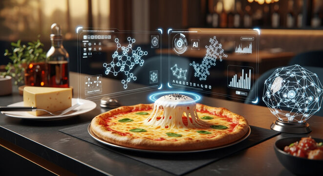 Gourmet Pizza Prepared With Advanced Molecular Analysis and Digital Culinary Technology for Modern Fine Dining Gastronomy Experience