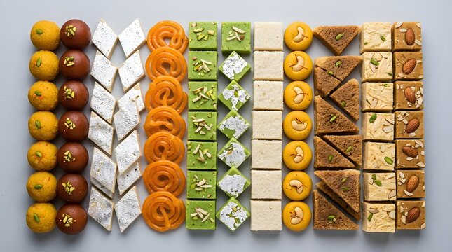 Assorted indian traditional sweets or mithai including laddu, gulab jamun, kaju katli, jalebi, burfi, and peda