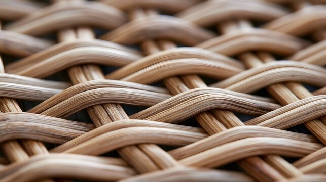 Close up of woven natural fiber basket weave pattern showing smooth curved strands with warm earthy tones and soft focus background