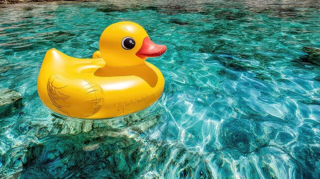 Playful Yellow Duck Float on Crystal Clear Water in Pool Setting