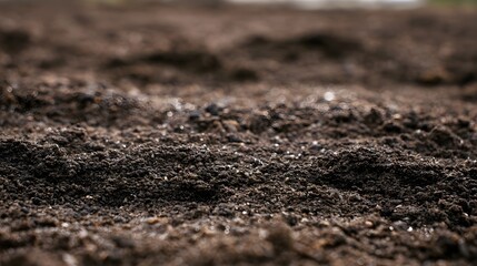 Fototapeta premium Close up of damp earth surface showing granular texture and scattered light reflections under natural lighting