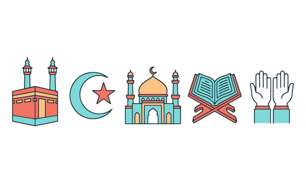 Islamic culture and religion flat vector icons set featuring kaaba crescent star mosque quran and praying hands religion crescent tradition illustration spirituality celebration