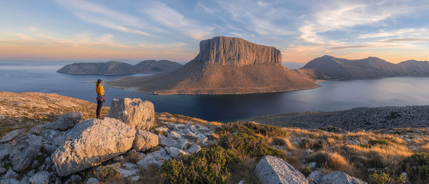 Person on rocky viewpoint observes vast sea, majestic flat-topped island under golden hour sky, with distant mountains