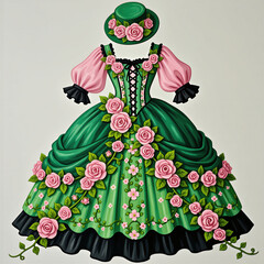 Fototapeta premium Green dress with pink rose flowers, hat. Vintage style ball gown features corset bodice plus puffy sleeves. Elegant victorian outfit decorated with floral pattern isolated on white background. Spring