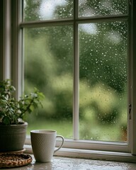 Fototapeta premium Cozy morning scene with a warm mug of coffee on a windowsill overlooking a lush green garden on a rainy day