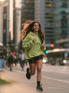 Young woman with long dark hair joyfully running on a city sidewalk in athletic wear