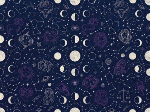 Celestial zodiac symbols mystic pattern with moon phases and constellations