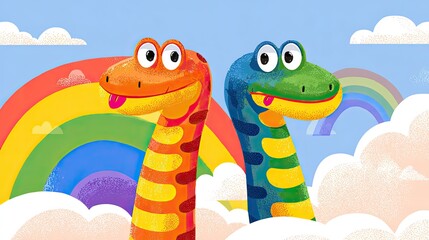 Obraz premium Colorful Snakes Surrounded by Clouds and Rainbows in a Vibrant Scene