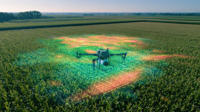 Aerial drone scanning lush green agricultural field at sunrise for precision farming analysis