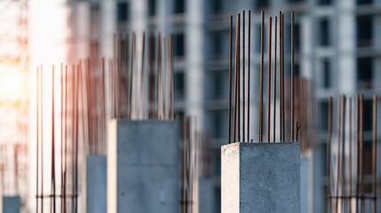 Fototapeta premium Reinforced Concrete Pillars Under Construction with Steel Rebar and Building Structure in Background