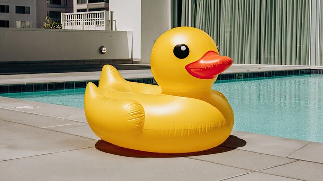 Bright Inflatable Duck Float Relaxing Poolside on a Sunny Day