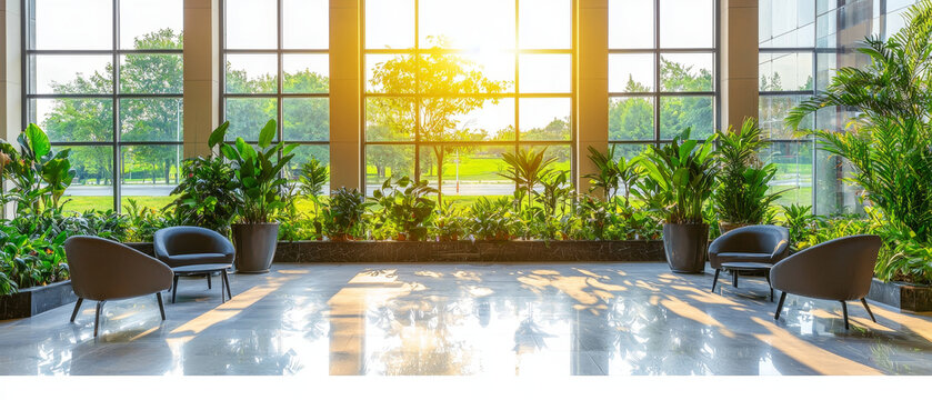 Spacious modern interior with large windows, lush green plants, comfortable chairs, and brilliant sunlight reflecting on the polished floor